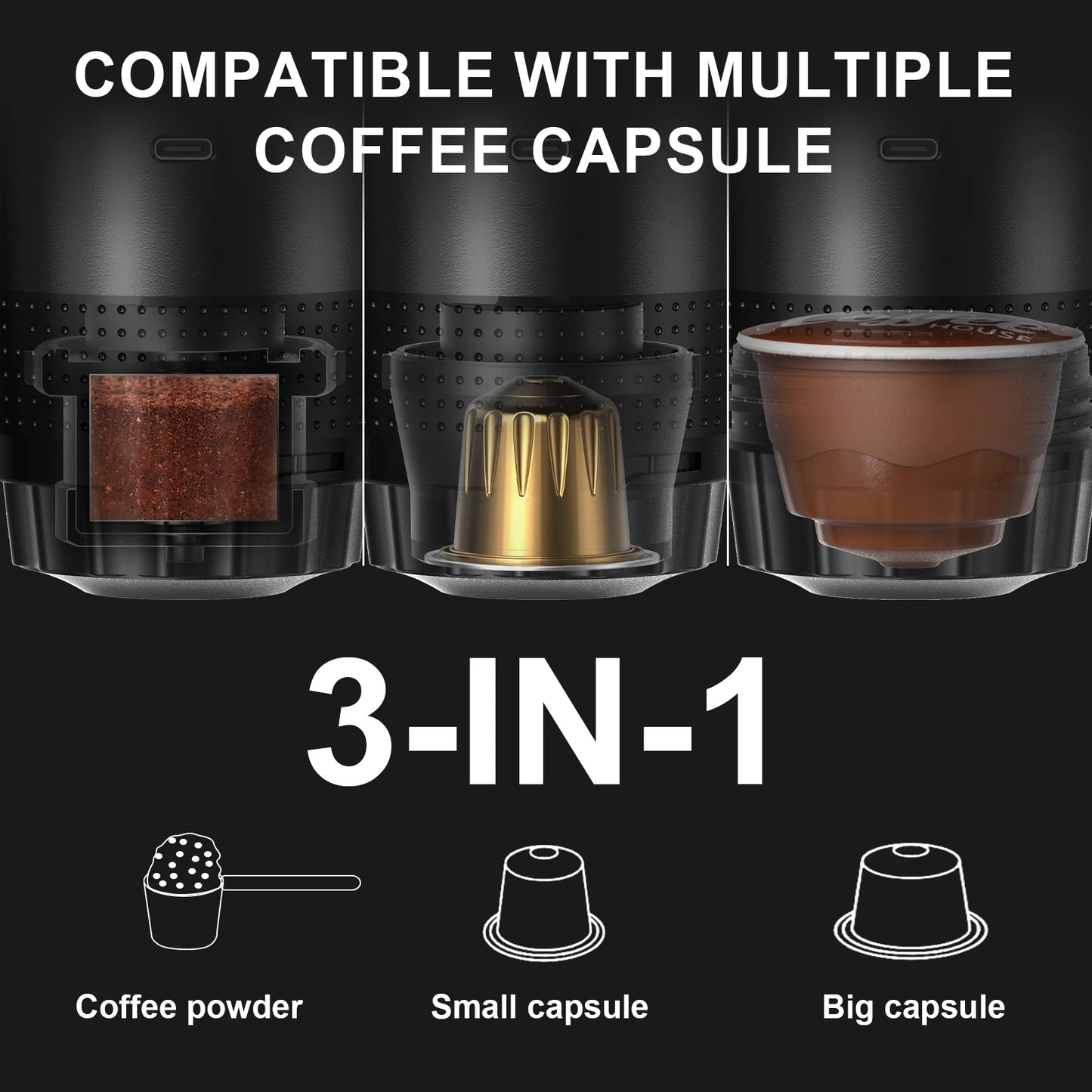 Cafetera Espresso Portátil 3 en 1 — 20 Bar | Cápsulas, Monodosis y Café Molido
